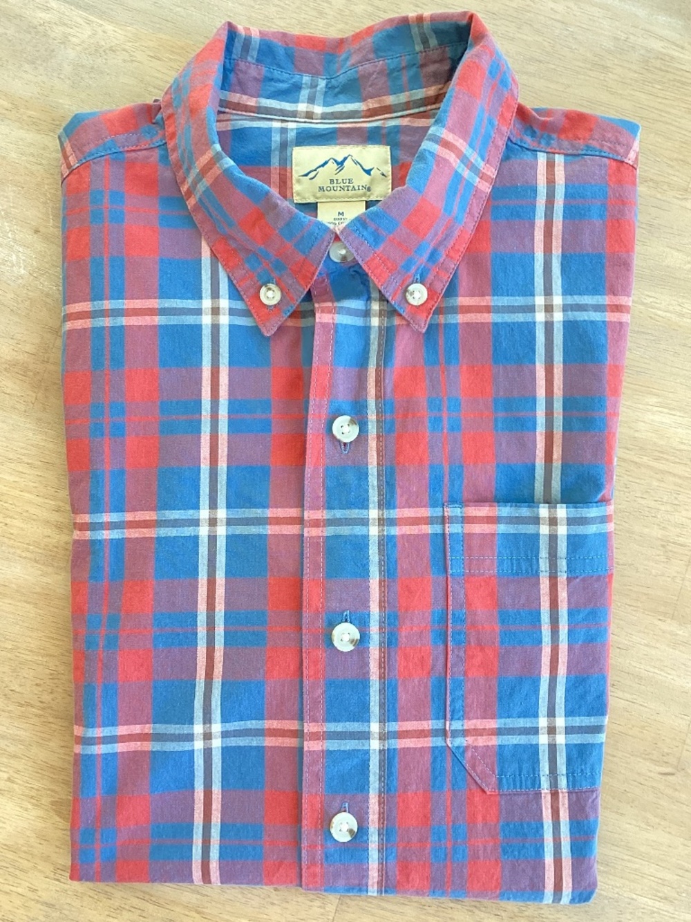 Blue mountain Mens plaid button down short sleeve red white blue shirt cotton